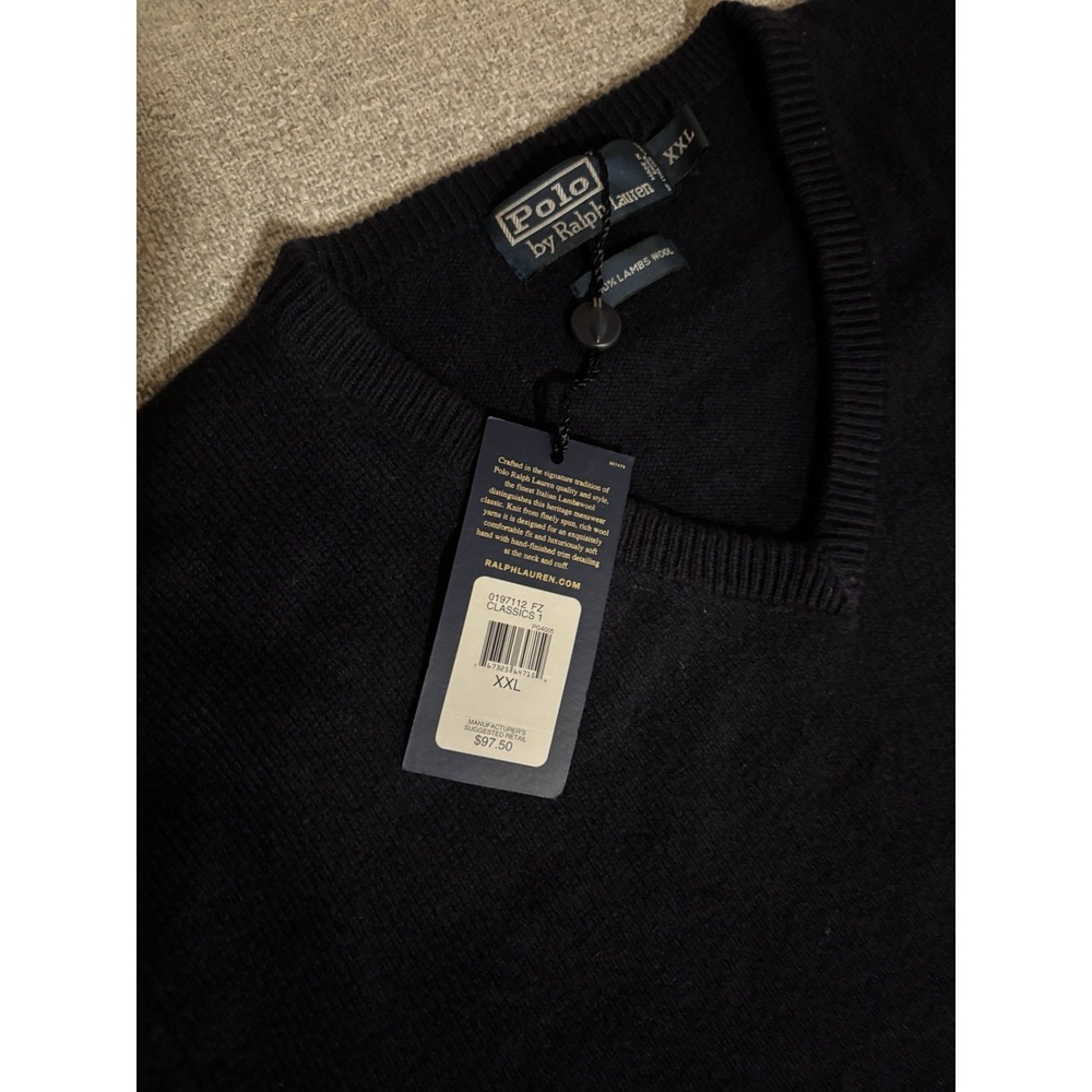 Polo Ralph Lauren Men's Sweater 100% Lambs Wool Navy V-Neck XXL Long Sleeve NWT - Picture 3 of 16